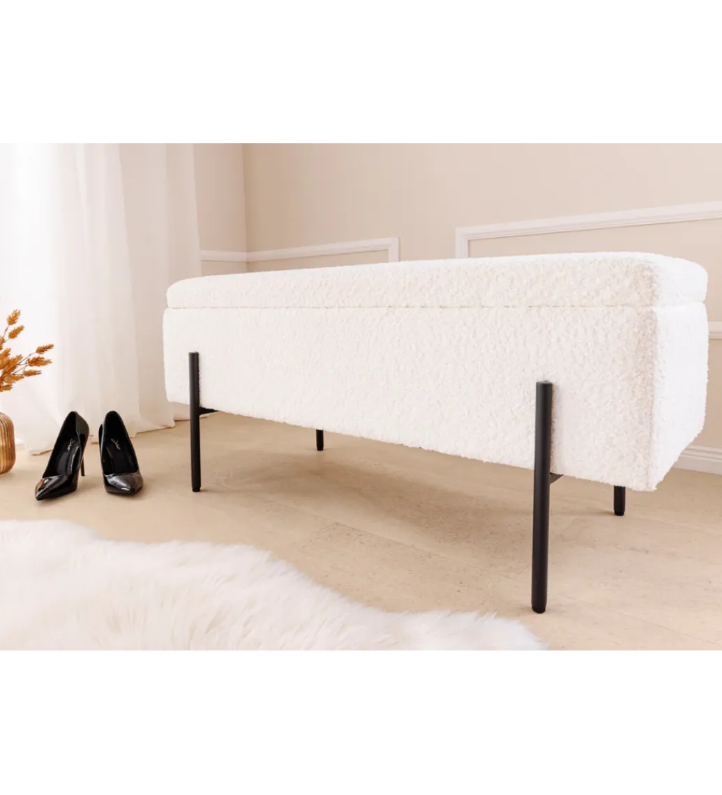 Invicta Interior Ławka LOFT z szafką 100 cm bouclé biała