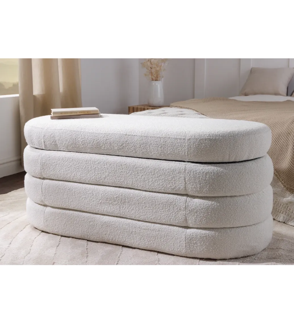 Invicta Interior Ławka VOQUE 115 cm z pojemnikiem Bouclé kremowo biała