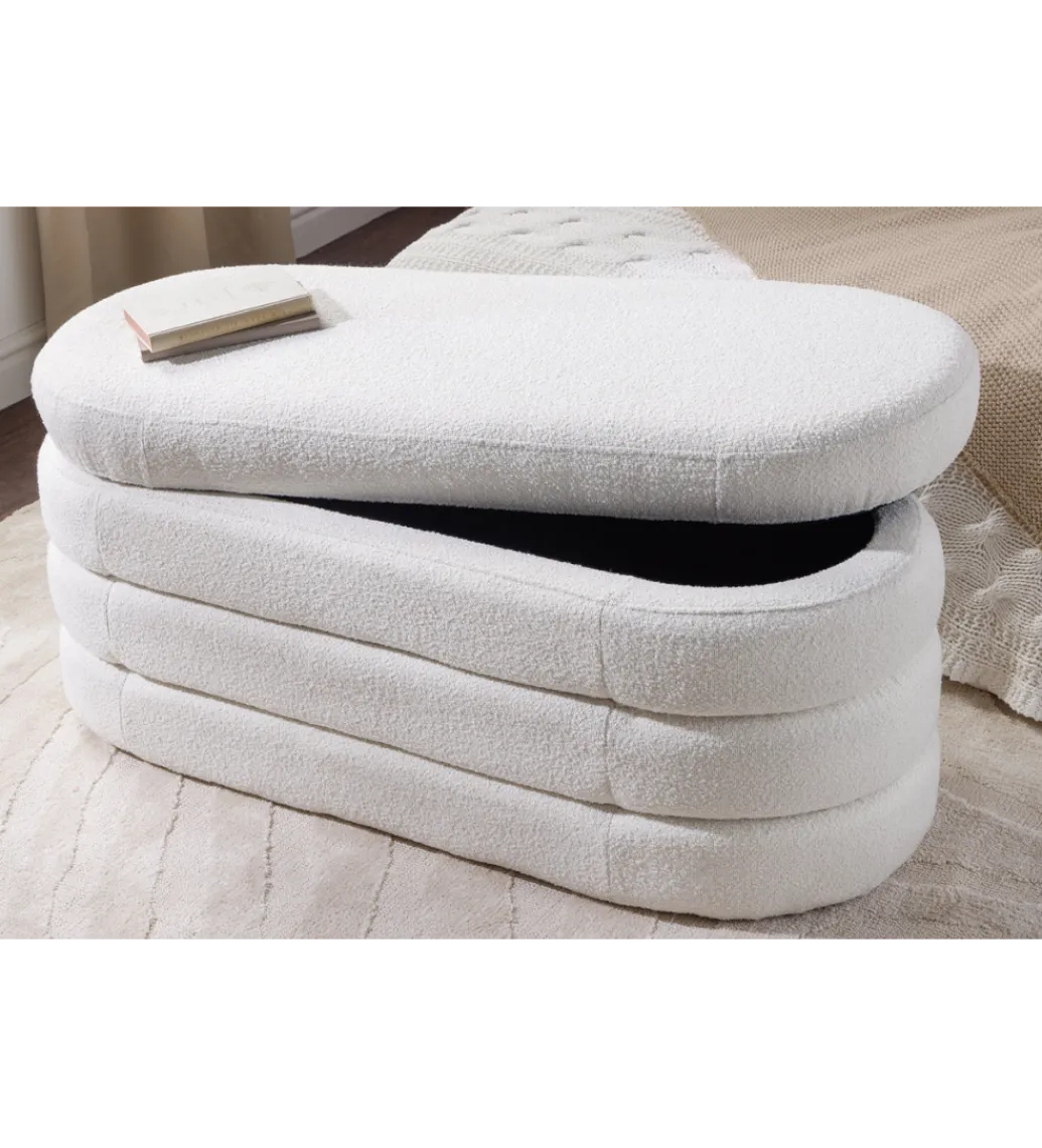 Invicta Interior Ławka VOQUE 115 cm z pojemnikiem Bouclé kremowo biała
