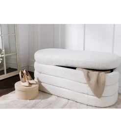 Invicta Interior Ławka VOQUE 115 cm z pojemnikiem Bouclé kremowo biała