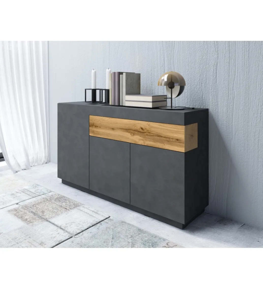 Helvetia Komoda SILKE 150 Cm Antracytowa z dodatkiem koloru Dąb Wotan