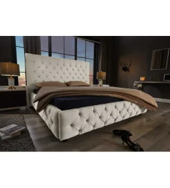 Invicta Interior Łóżko tapicerowane PARIS CHESTERFIELD 180 cm x 200 cm beżowe lniane
