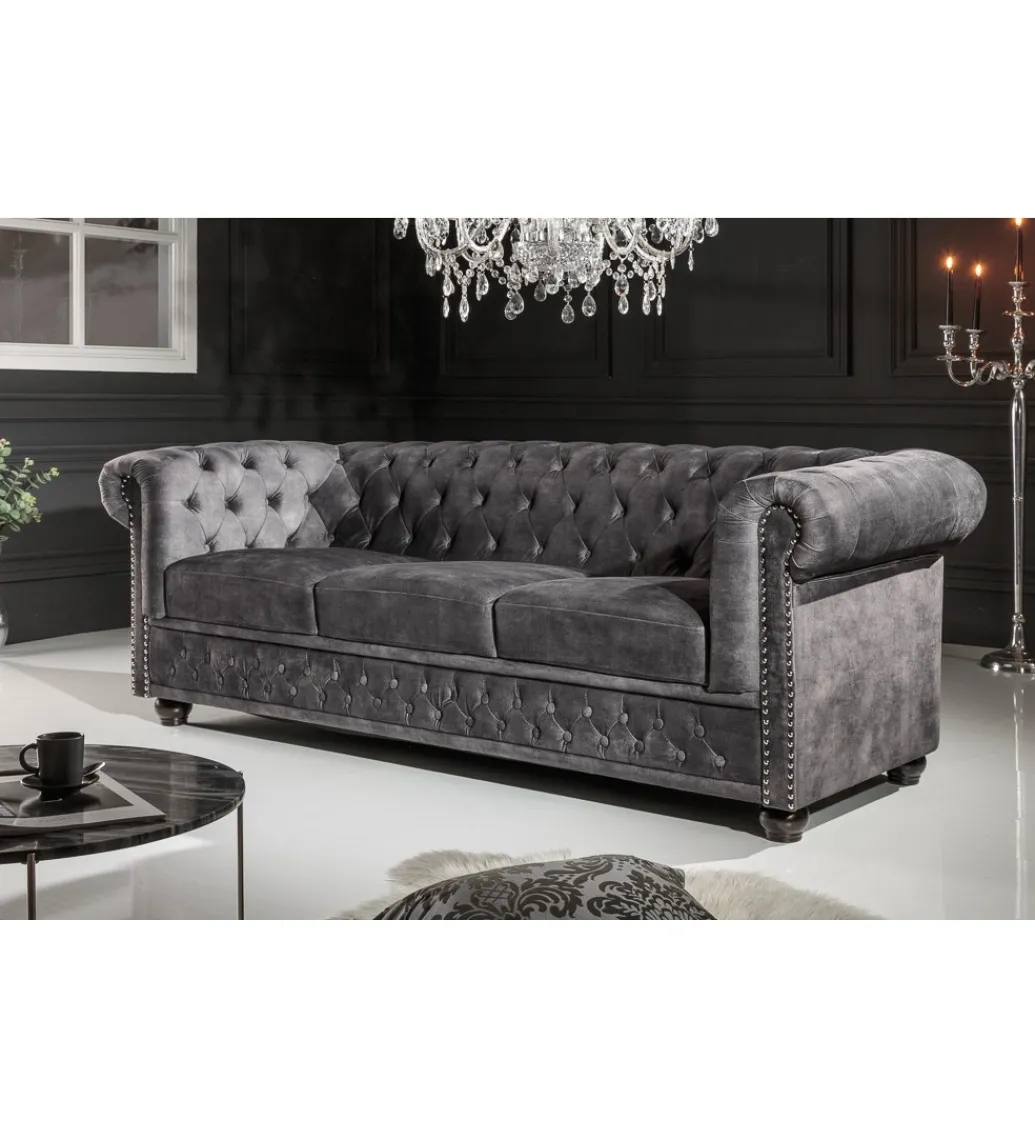 Invicta Interior Sofa ARIELLE Chesterfield 205 Cm szary aksamit