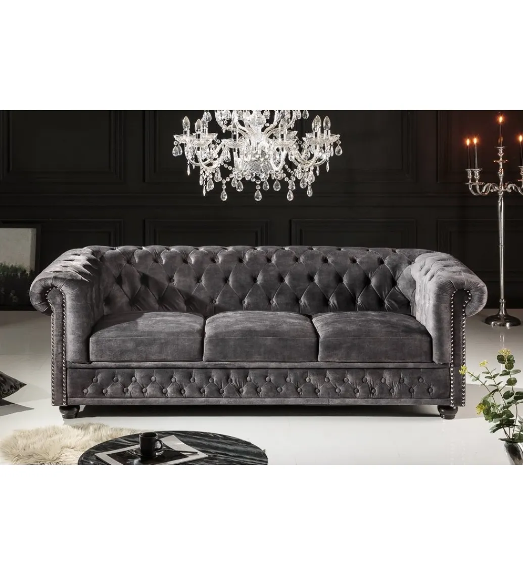 Invicta Interior Sofa ARIELLE Chesterfield 205 Cm szary aksamit