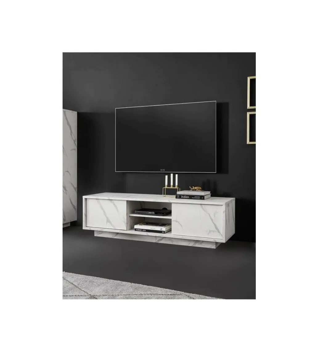 MCA Linia Włoska Stolik pod TV CARRARA 139 cm w optyce białego marmuru
