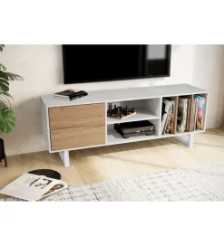 WOHNLING, GERMANY Stolik pod TV GRASSE 150 cm biały z dodatkiem koloru dębowego