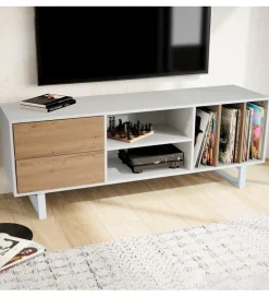 WOHNLING, GERMANY Stolik pod TV GRASSE 150 cm biały z dodatkiem koloru dębowego