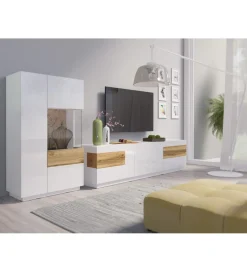 Helvetia Stolik pod TV SILKE 206 cm biały z dodatkiem koloru dąb Wotan