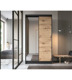 ELTAP Szafa przesuwna II 120 cm z lustrem w optyce Dąb artisan/Czarny mat